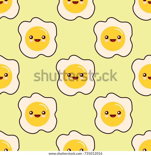 黄色い背景にシームレスな模様のかわいい漫画のキャラクターのシームレスな柄に卵焼き フラットデザインベクターイラスト Eps のベクター画像素材 ロイヤリティフリー