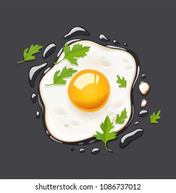 Fried egg. Fast food. Cooking lunch, dinner, breakfast. Natural product. Cooked omelet. Scrambled eggs. Dark background. EPS10 vector illustration.