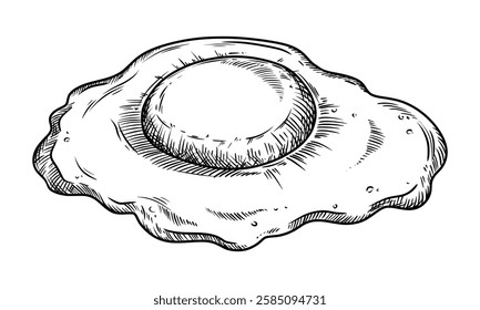 Fried egg food illustration in the graphic line art style. Hand drawn vector outline element of breakfast meal sunny side up. Perfect for menu creating and sketch drawing designs.