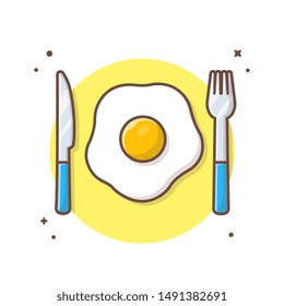 Fried Egg with Fork and Knife Vector Icon Illustration. Design for Breakfast Menu, Cafe and Restaurant. Flat Cartoon Style Suitable for Web Landing Page, Banner, Flyer, Sticker, Wallpaper, Background
