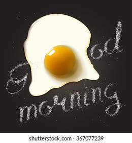 Fried egg in a frying pan with Good Morning salt lettering. Breakfast healthy background. Vector illustration