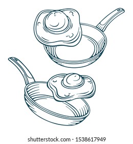 Fried egg in frying pan hand drawn vector illustrations set.  Fried egg floating on frying pan sketch drawing.  Part of set. 