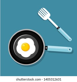 fried egg in a frying pan isolated on blue background vector illustration.