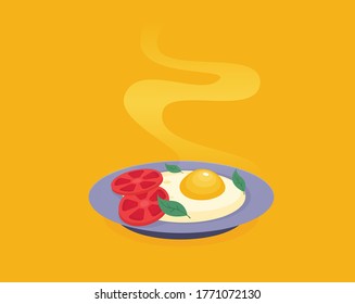 Fried egg in a frying pan isolated on color background. Fried egg flat icon.