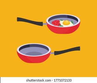 Fried egg in a frying pan isolated on color background. Fried egg flat icon.