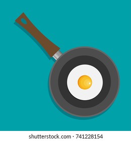 Fried egg in a frying pan isolated on color background. Fried egg flat icon.