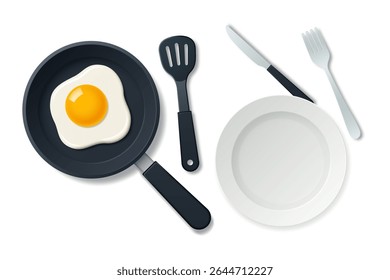 Fried egg in a frying pan and kitchen utensils for eating food isolated on a light background. Vector 3d illustration.