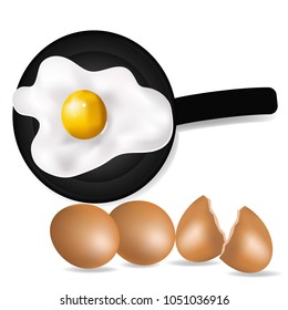 Fried egg in a frying pan on white background