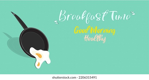 Fried egg in frying pan on green background. Morning breakfast.Eps 10 vector illustration