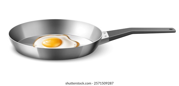 Fried egg in frying pan. Realistic protein food, healthy traditional breakfast. Home cooking, homemade organic meal, kitchen utensil, 3d elements isolated on white background. Vector concept