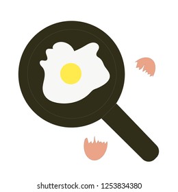 Fried egg in a frying pan and egg shell isolated on white background. Flat simple style vector illustration
