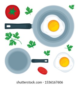 Fried egg in frying pan.  Fried egg, tomatoes, parsley and frying pan top view. Part of set.