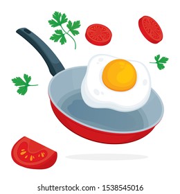 Fried egg in frying pan.  Fried egg, tomatoes and parsley floating on frying pan.  Part of set. 