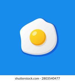 Fried egg graphic illustration with a vibrant yellow yolk and white egg albumen isolated on a solid bright blue background. Simple minimalist cartoon sticker style icon for breakfast, cooking, and food design concepts.