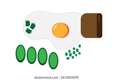 fried fried egg with green peas, cucumber and bread on a white background,