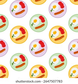 Fried Egg with Grilled sausages and Tomato slices on colorful plates Seamless Pattern Domestic food