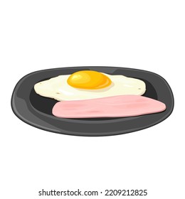 Huevo frito con jamón en el plato. Ilustración de color vectorial para afiche, menú, web, banner, icono. Aislado sobre fondo blanco