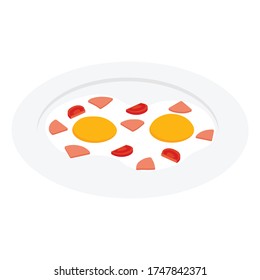 Fried egg with ham, sausage and tomato on plate isometric view. Breakfest. Vector