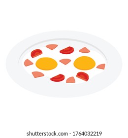Huevo frito con jamón, salchicha y tomate a la plancha vista isométrica. Desayuno. Vector