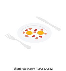 Huevo frito con jamón, salchicha y tomate en plato, tenedor y cuchillo vista isométrica. Desayuno. Vector