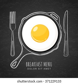 Fried egg and hand drawn outline watercolor pan, fork and knife on textured black board background. Vector design for breakfast menu, cafe, restaurant. Fast food background. 