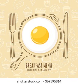 Fried egg and hand drawn pan, fork and knife on seamless background with outline food icons. Vector design for breakfast menu, cafe, restaurant.  Logo design template. Food background. 
