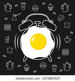Fried egg and hand drawn watercolor alarm clock on textured black board background with outline food icons. Vector design for breakfast menu, cafe, restaurant. Fast food background.