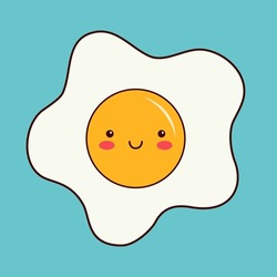 Fried egg. Healthy food icon set collection. Cute cartoon kawaii funny baby character. Smiling face, eyes, cheeks. Contour line hand drawn doodle. Childish style. Flat design. Blue background. Vector