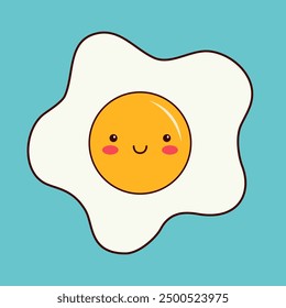 Fried egg. Healthy food icon set collection. Cute cartoon kawaii funny baby character. Smiling face, eyes, cheeks. Contour line hand drawn doodle. Childish style. Flat design. Blue background. Vector