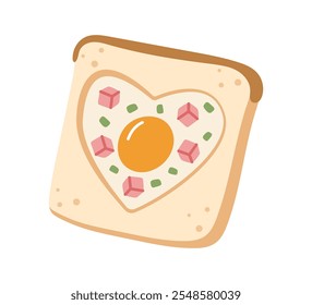 Fried egg in heart shape in bread. Delicious toast with egg. Breakfast, food cooked with love. Hand drawing illustration isolated