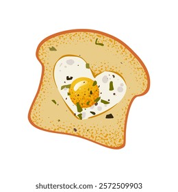 Fried egg in heart shape in bread. Delicious toast with egg. Romantic breakfast cooked with love. Hand drawing vector illustration for Valentines day stickers, cards, banners, and social media.