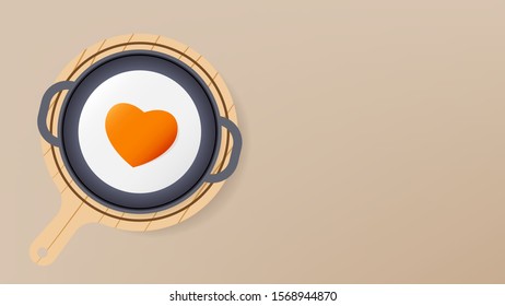 Fried egg in heart shape on iron and wooden pan illustration vector