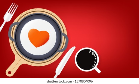 Fried egg in heart shape on iron and wooden pan with a cup of coffee , knife and fork, Illustration vector
