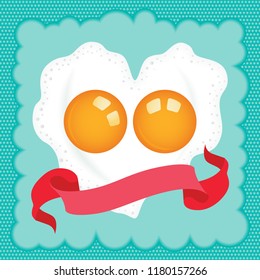 Fried egg heart shaped with red ribbon on blue background