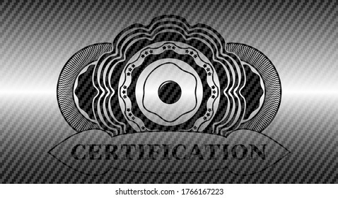 fried egg icon and Certification text carbon fiber realistic badge. Polymer texture fashionable background. Artistic illustration. 