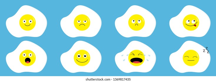 Fried egg icon emoji set line. Funny kawaii cartoon characters. Emotion collection. Happy, surprised, smiling crying sad angry face head. Food breakfast Flat design Blue background Vector illustration