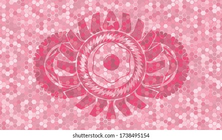 fried egg icon inside pink color tile mosaic pattern realistic emblem. Geometric hexagon graceful background. Illustration. 