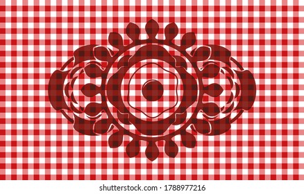 fried egg icon inside red checkered tablecloth realistic badge. Restaurant fashionable background. Artistic illustration. 