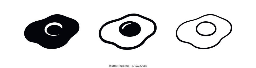 Fried egg icon set. Black silhouette and outline egg symbols. Breakfast food graphic design elements.