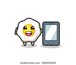 fried egg illustration cartoon holding a smartphone , cute style design for t shirt, sticker, logo element