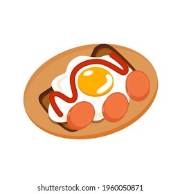 Fried egg ketchup on a plate with pieces of sausage on a white isolated background. Vector illustration in a flat style, cartoon.