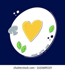 Fried egg like us heart with spinach and mushrooms. Made with love. Vector illustration for cards