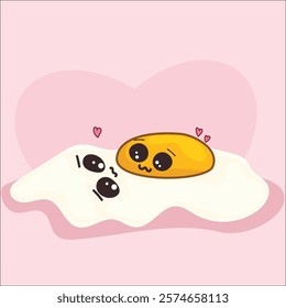 Fried Egg Love Illustration. A cute kawaii-style illustration of a fried egg with anthropomorphic features, where the yolk and egg white are depicted as a loving couple.