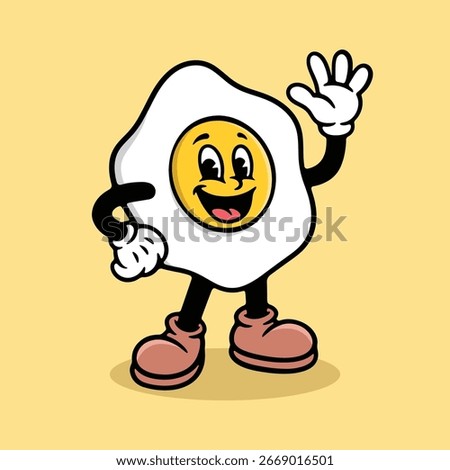 Fried Egg Mascot, Cute Breakfast Cartoon Character, Retro Food Illustration, Funny Egg with Face