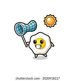 fried egg mascot illustration is catching butterfly , cute style design for t shirt, sticker, logo element