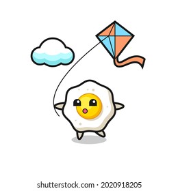 fried egg mascot illustration is playing kite , cute style design for t shirt, sticker, logo element