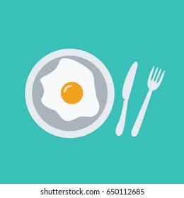 Fried egg or modern omelet on a plate for breakfast. sweet  flat design style Fry pan simple icon vector knife & fork cartoon. isolated cutlery