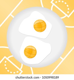 Fried egg on basketfield background. Basketball concept. Vector illustration.