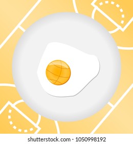 Fried egg on basketfield background. Basketball concept. Vector illustration.
