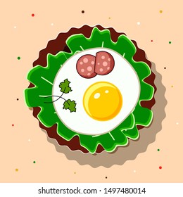 Fried egg on a beautiful brown plate, with slices of sausage and parsley leaves. Healthy fitness background It can be used to design packaging, signboards, menus in cafes and restaurants.